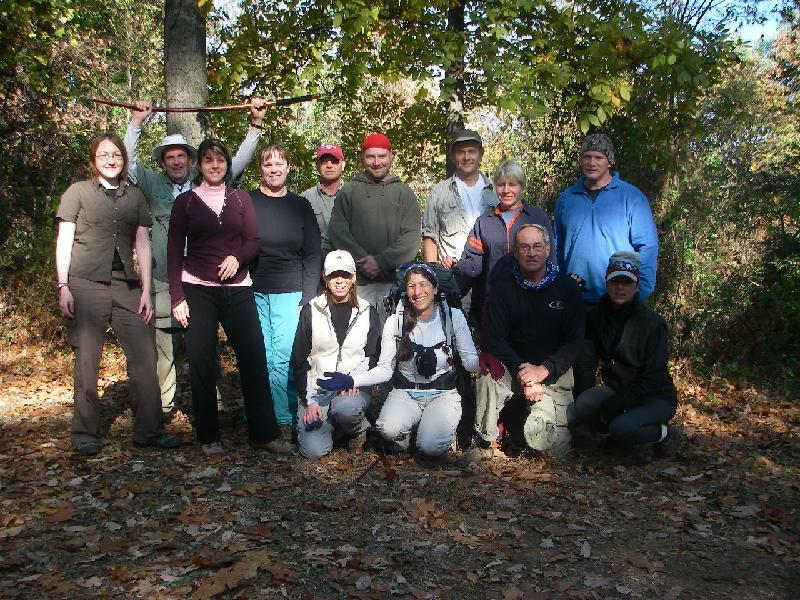 shawnee-day2-12.JPG - Gathering for another photo a few steps from where the water source is.  This would have been a nice flat area to camp and we would have been by ourselves.  The camp that we had stayed the night had a lot of people.